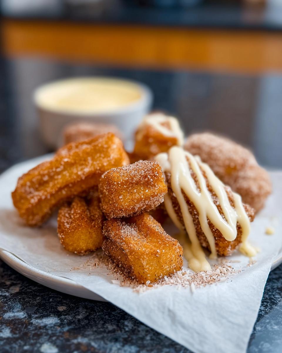 A pile of golden brown Easy Baked Churro Bites coated in cinnamon sugar, drizzled with white icing, and served with a dipping sauce.