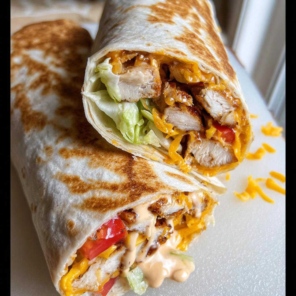 A delicious Easy Chipotle Ranch Grilled Chicken Burrito cut in half, showing chicken, cheese, lettuce, and sauce.