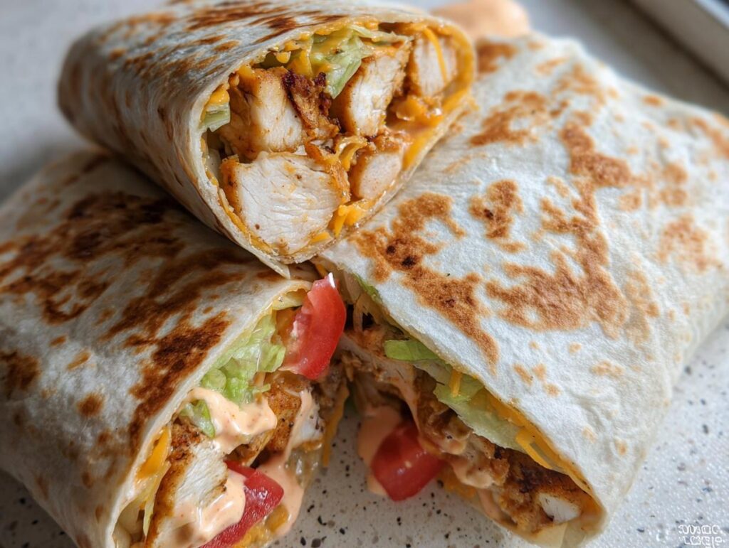 A delicious Easy Chipotle Ranch Grilled Chicken Burrito, cut in half to show the filling of chicken, cheese, lettuce, and tomato.