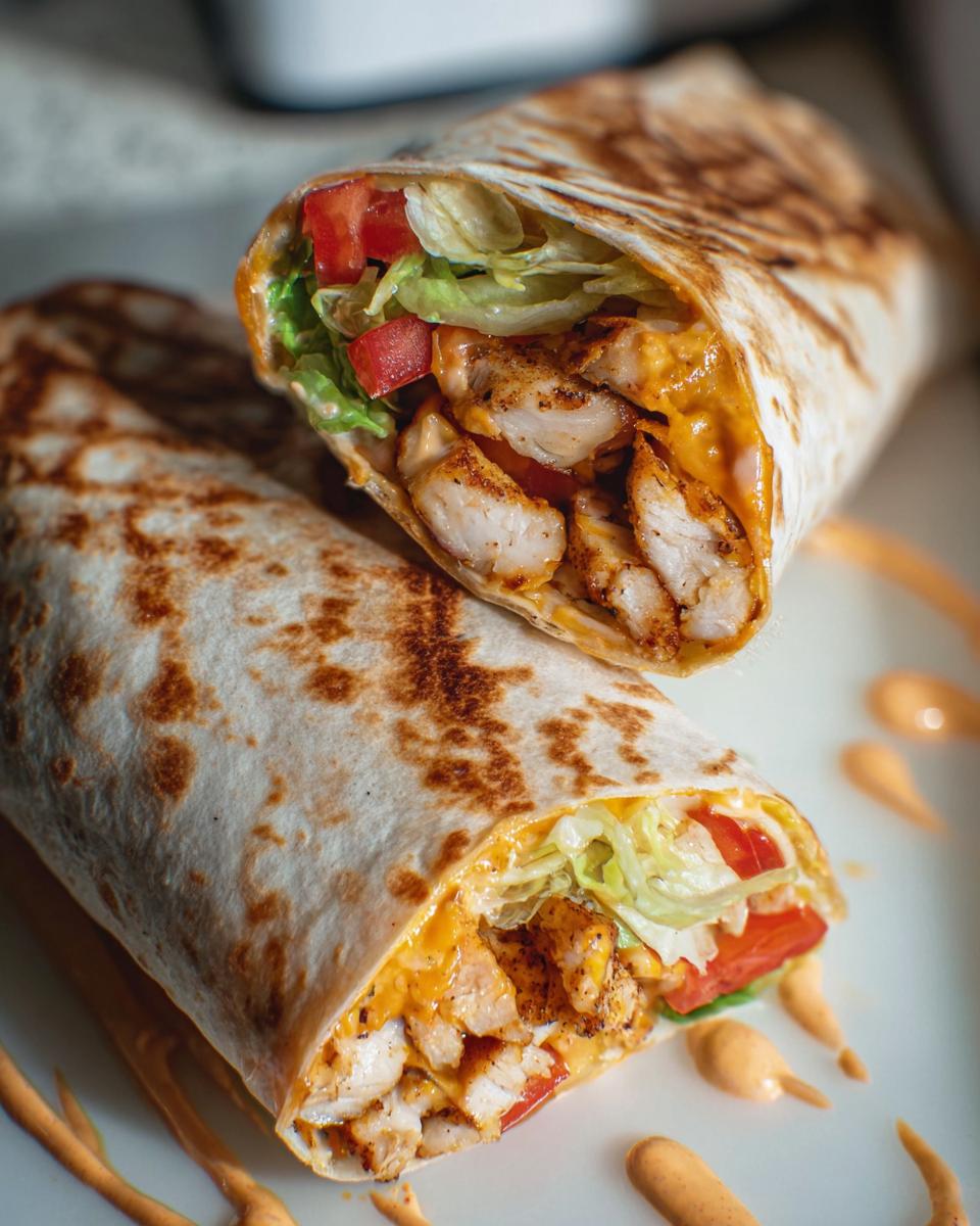 Close-up of an Easy Chipotle Ranch Grilled Chicken Burrito cut in half, revealing grilled chicken, lettuce, tomato, and creamy sauce.
