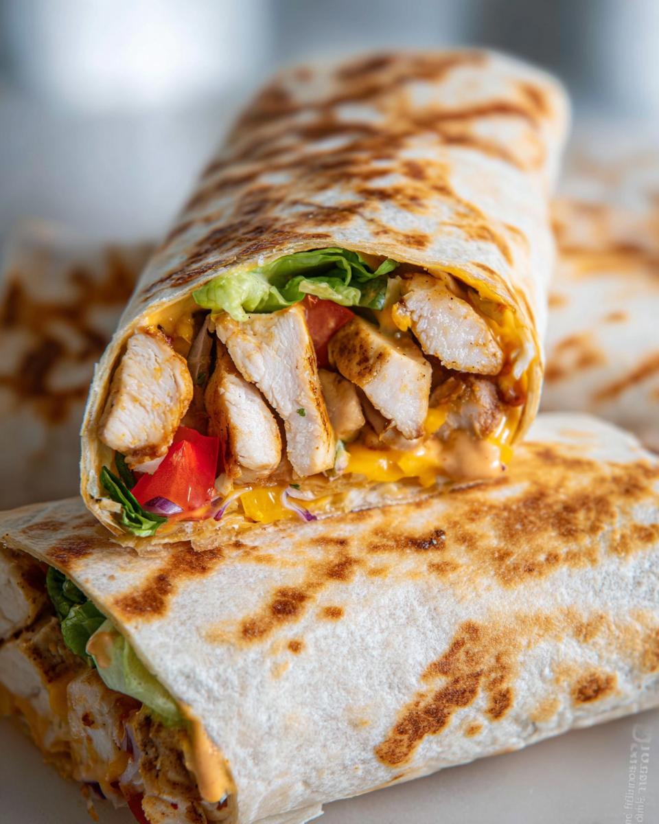 A delicious Easy Chipotle Ranch Grilled Chicken Burrito, cut in half to show the filling of grilled chicken, cheese, lettuce, and tomato.