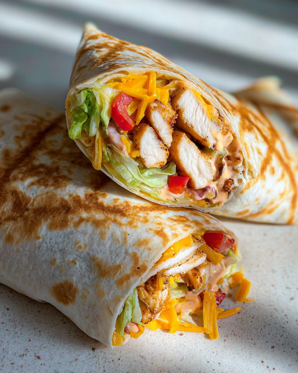 A close-up of an Easy Chipotle Ranch Grilled Chicken Burrito cut in half, revealing grilled chicken, cheese, lettuce, and sauce.