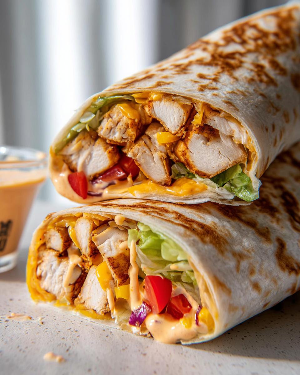 A close-up of an Easy Chipotle Ranch Grilled Chicken Burrito, sliced in half to reveal chicken, cheese, lettuce, and sauce.
