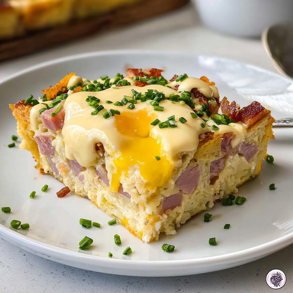 A delicious slice of Easy Eggs Benedict Casserole, topped with creamy hollandaise, crispy bacon, and fresh chives, with a perfectly runny yolk.