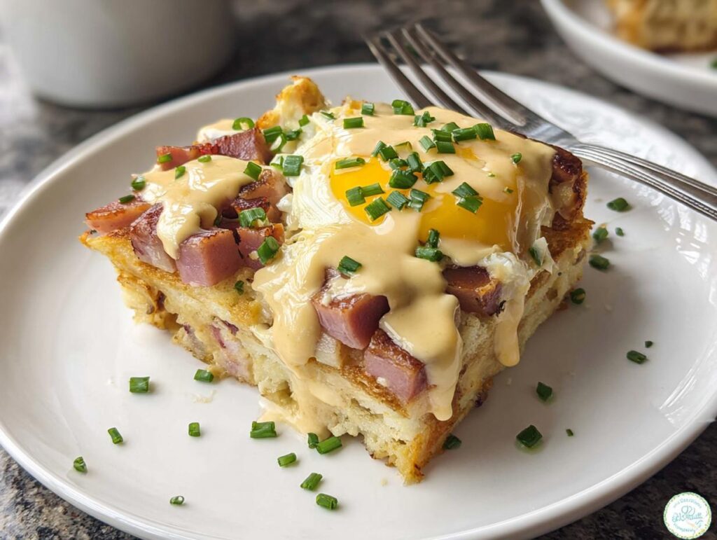 A slice of Easy Eggs Benedict Casserole topped with a fried egg, diced ham, hollandaise sauce, and chives.