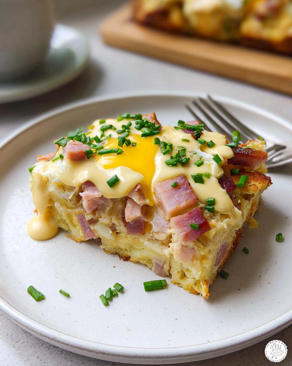 A slice of Easy Eggs Benedict Casserole on a plate, topped with a runny egg yolk, ham, and chives.