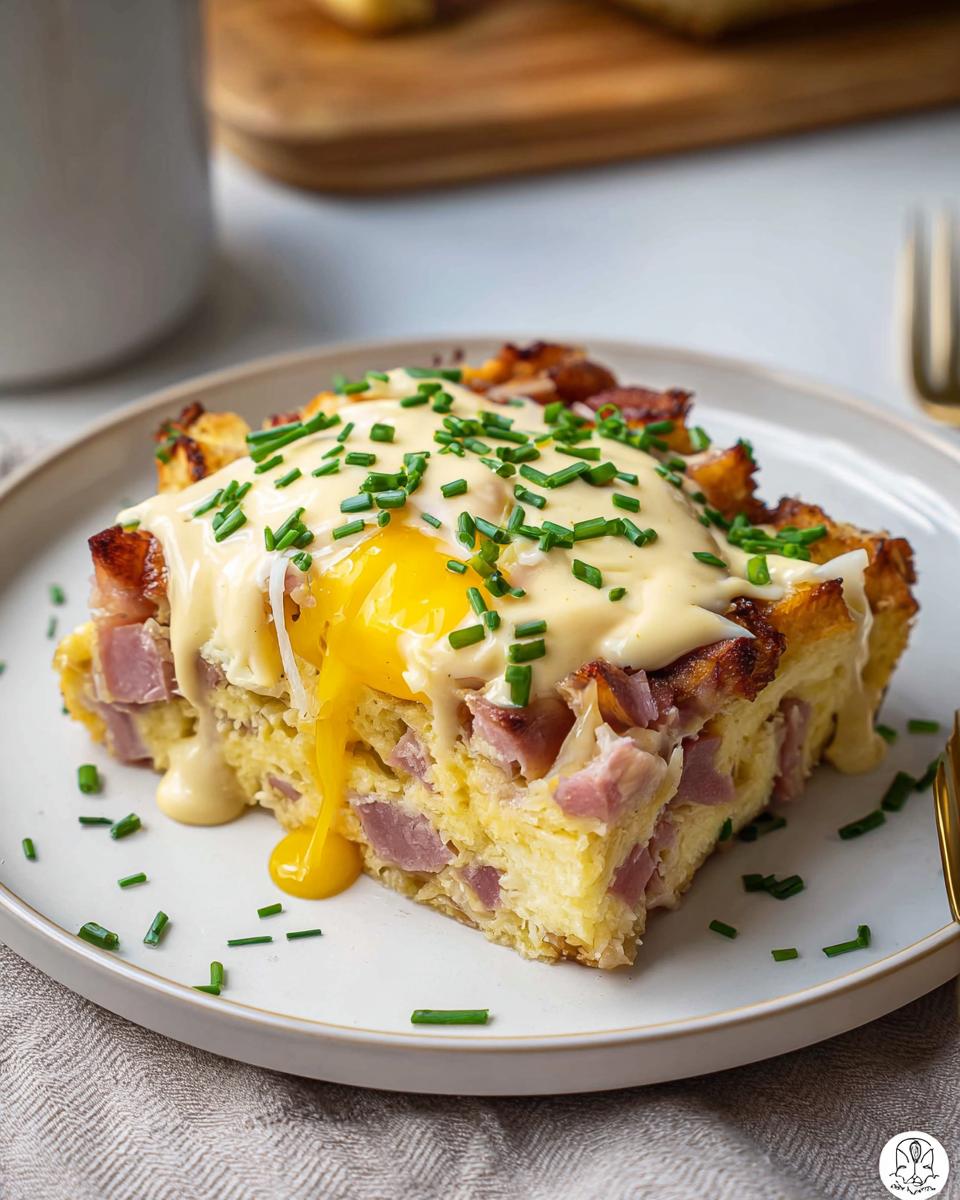 A delicious slice of Easy Eggs Benedict Casserole topped with a runny egg yolk and chives.