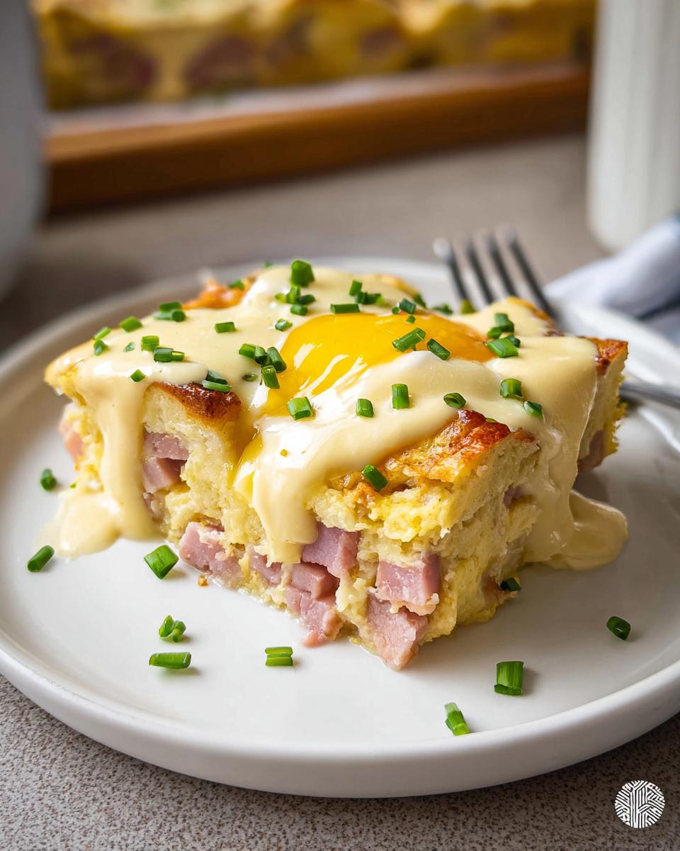 A slice of Easy Eggs Benedict Casserole topped with a runny egg yolk, hollandaise sauce, and chives.