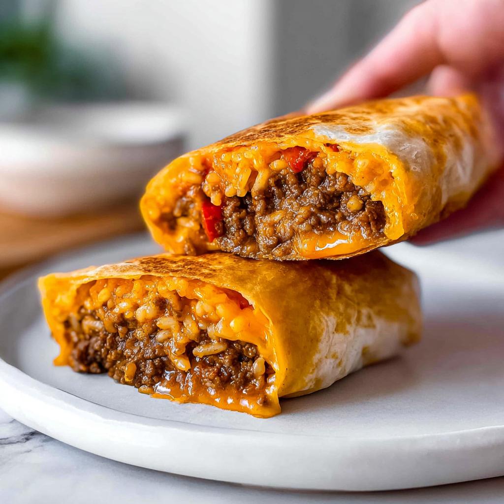 A close-up of an Easy Grilled Cheese Burrito Copycat Recipe, cut in half, revealing seasoned ground beef and rice filling with melted cheese.