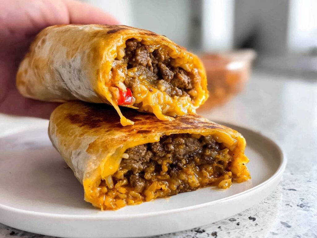 A close-up of an Easy Grilled Cheese Burrito Copycat Recipe, cut in half to show the cheesy beef and rice filling.