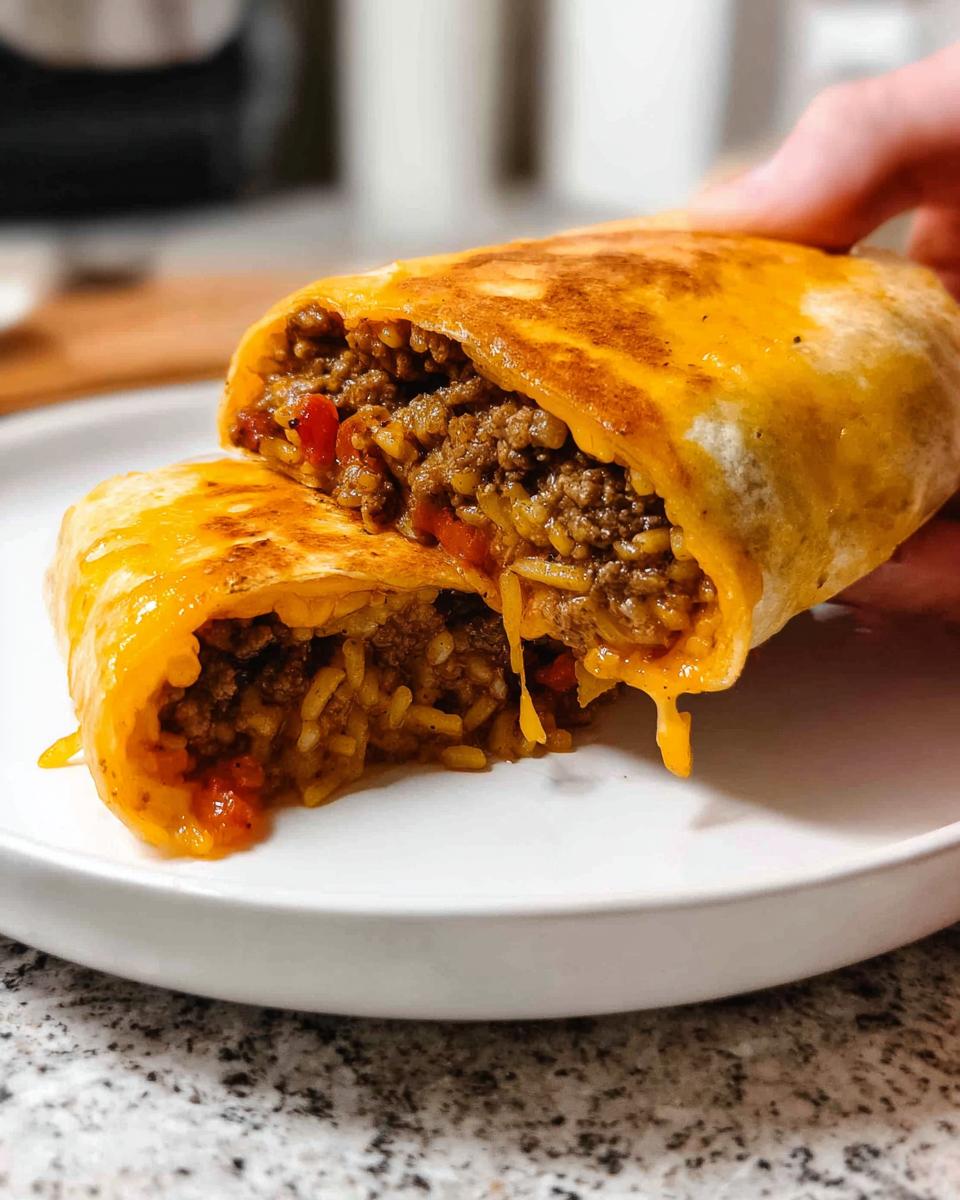 A delicious Easy Grilled Cheese Burrito Copycat Recipe, cut in half, showing the cheesy filling of seasoned ground beef and rice.