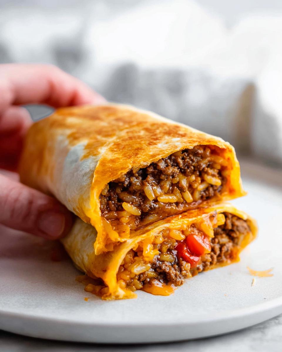 Close-up of a grilled cheese burrito copycat recipe cut in half, showing seasoned ground beef, rice, and melted cheese.