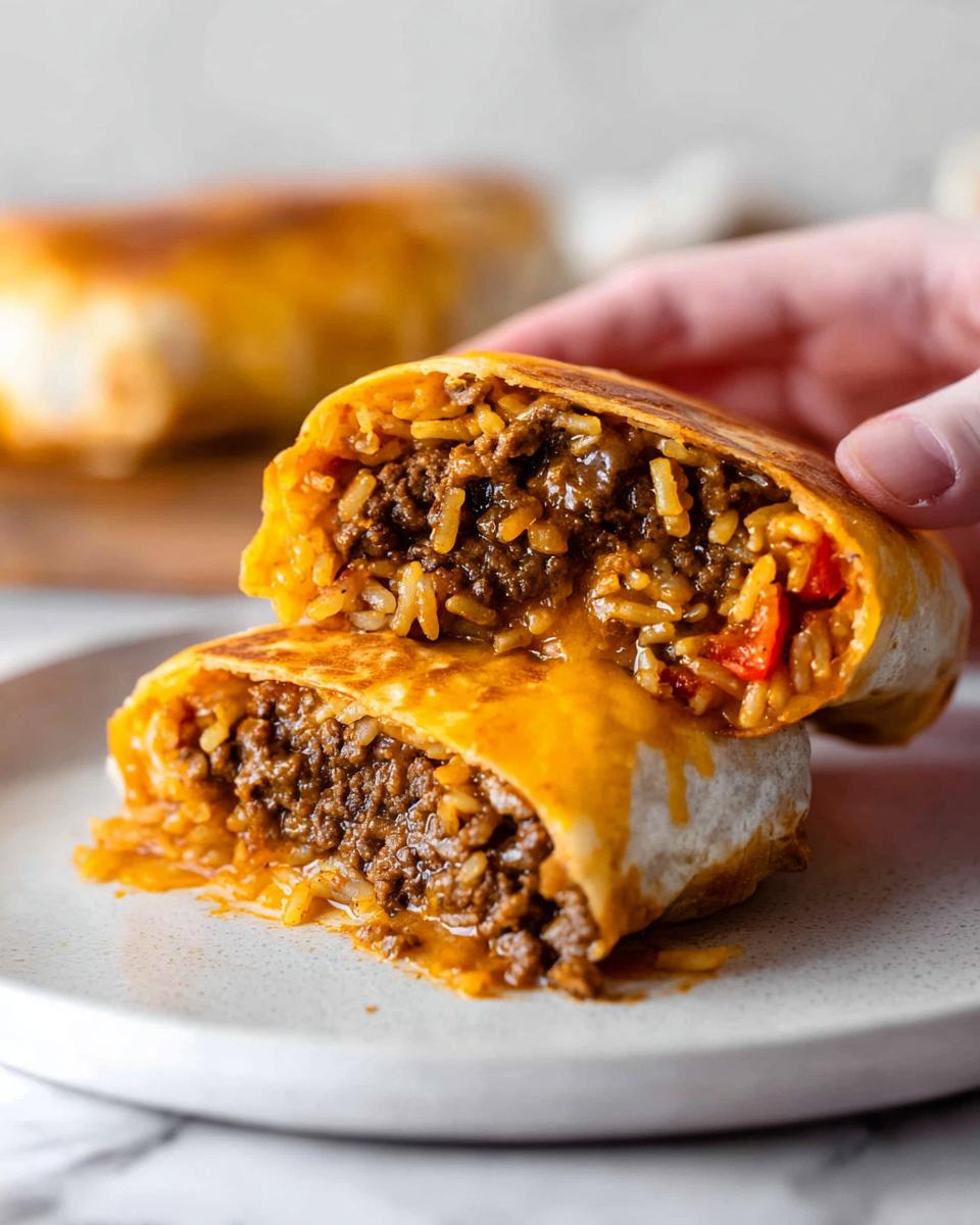 A sliced Easy Grilled Cheese Burrito Copycat Recipe showing a cheesy, beefy, and rice filling.
