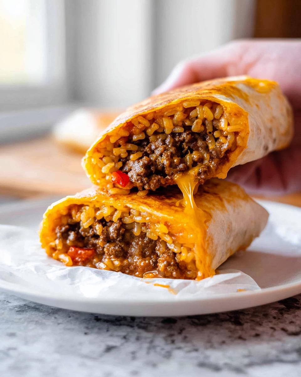 A close-up of an Easy Grilled Cheese Burrito Copycat recipe, cut in half, showing seasoned ground beef and rice filling with melted cheese.