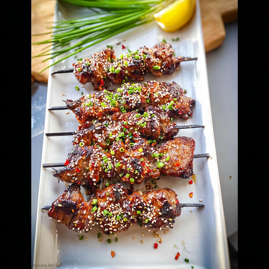 Close-up of Easy Japanese Chicken Yakitori Skewers, glazed and sprinkled with sesame seeds and chili flakes.