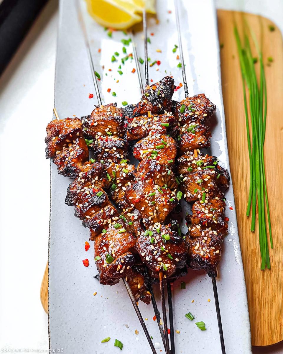 Close-up of Easy Japanese Chicken Yakitori Skewers, glazed and sprinkled with sesame seeds and chives.