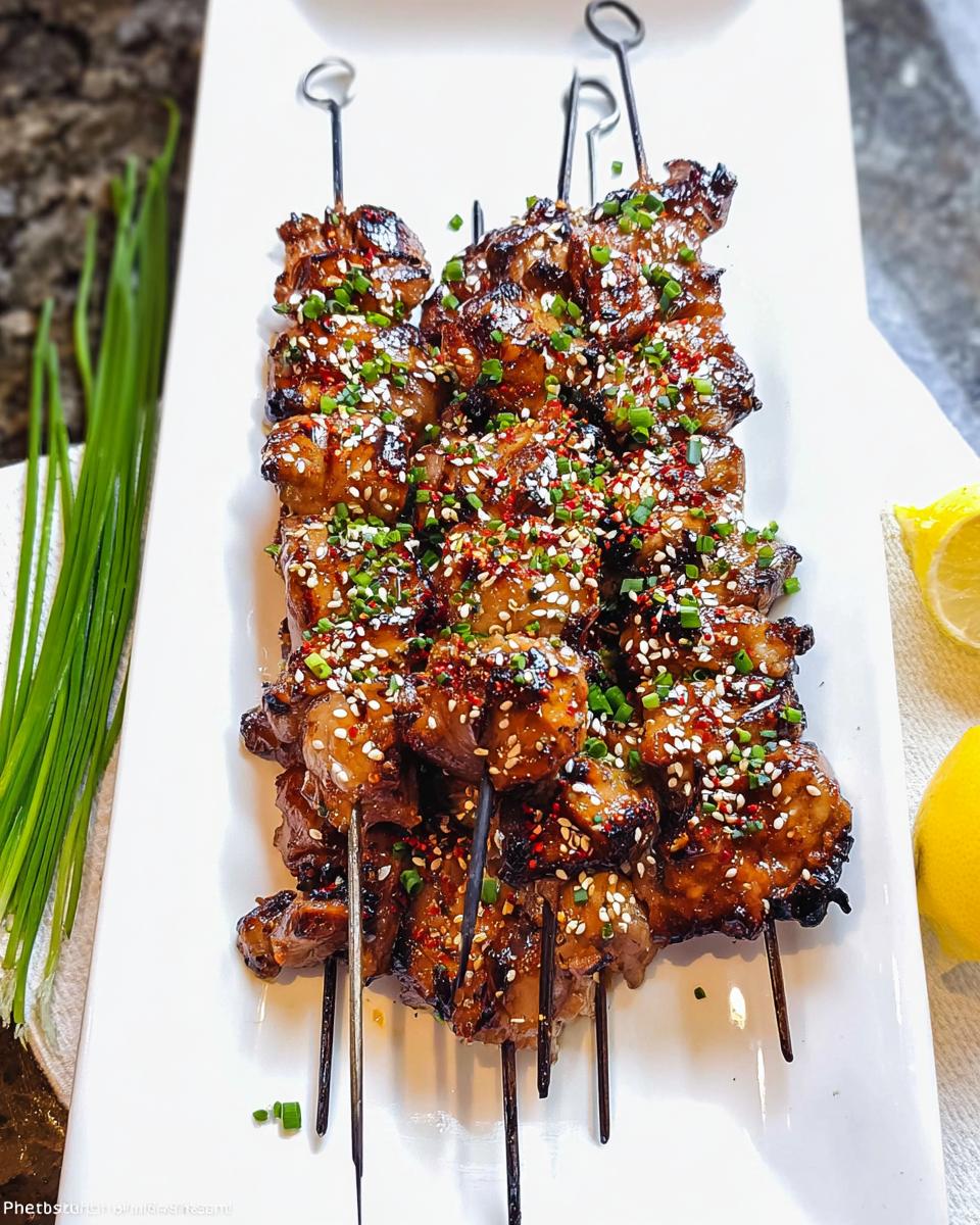 Close-up of Easy Japanese Chicken Yakitori Skewers glazed and sprinkled with sesame seeds and chives.