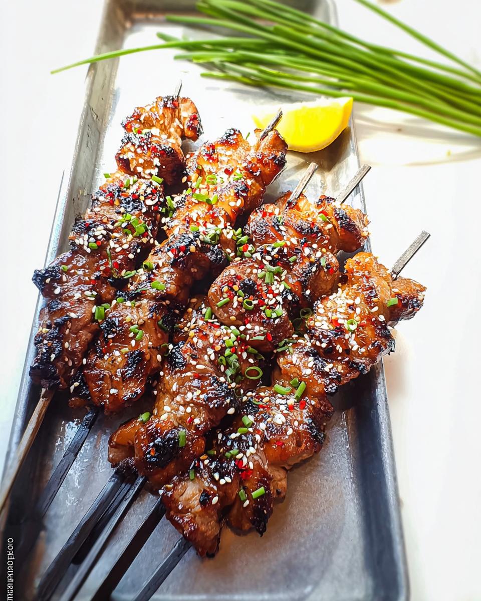 Close-up of Easy Japanese Chicken Yakitori Skewers, glazed and sprinkled with sesame seeds and chili flakes.