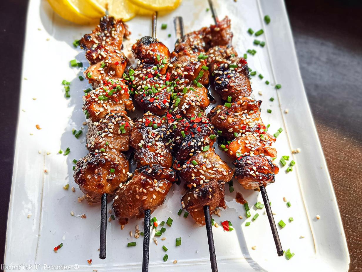 Close-up of Easy Japanese Chicken Yakitori Skewers glazed with sauce and sprinkled with sesame seeds and chives.