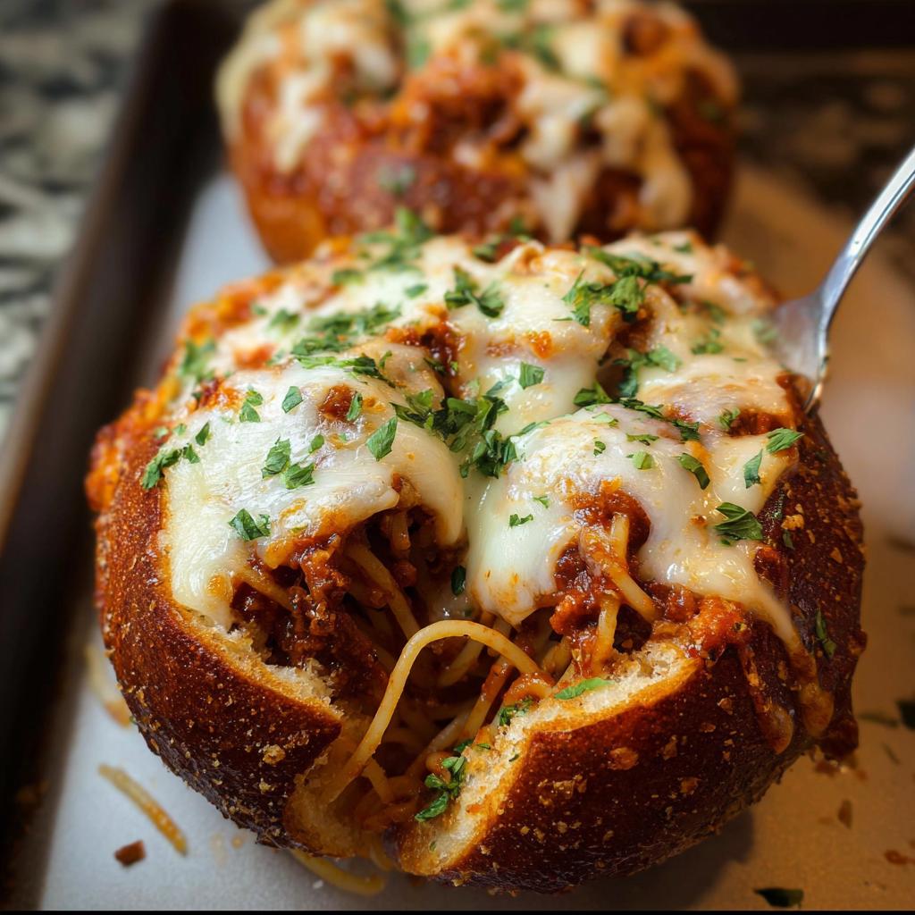 A close-up of an Easy Spaghetti Garlic Bread Bowl overflowing with spaghetti, meat sauce, and melted mozzarella cheese, garnished with parsley.