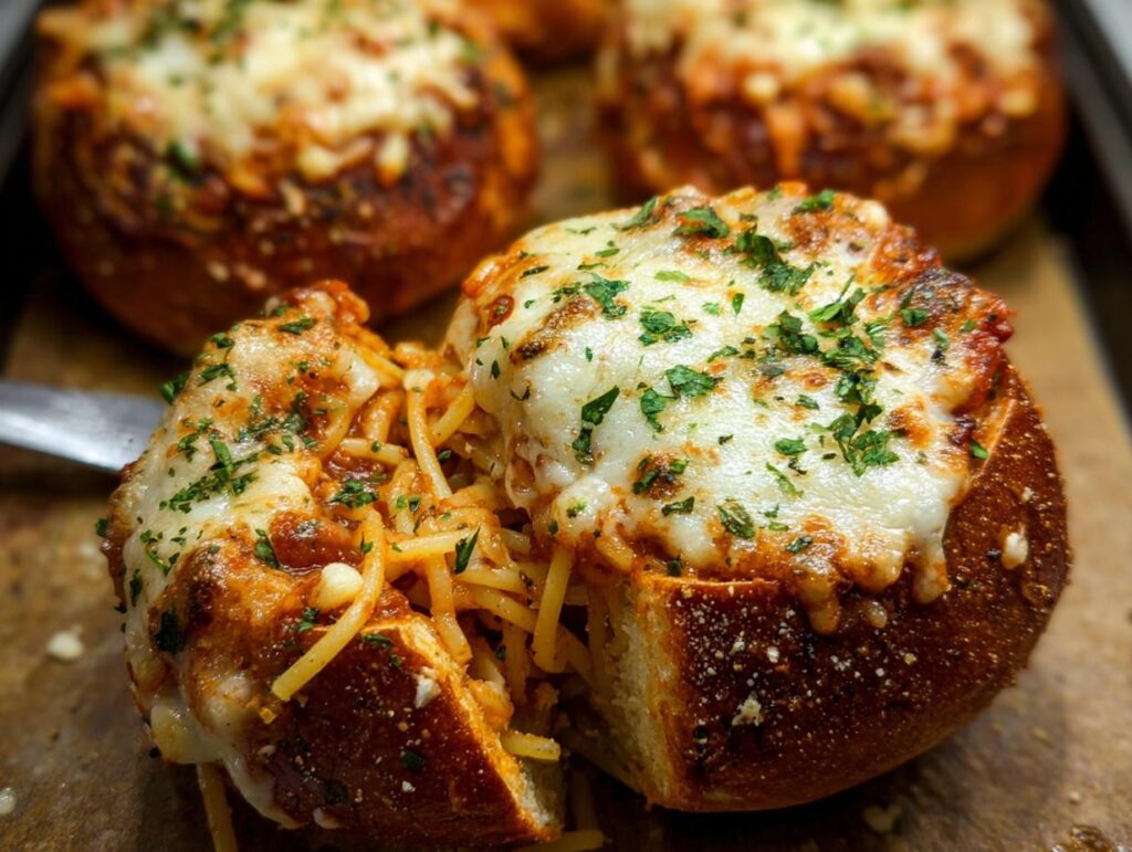 Close-up of an Easy Spaghetti Garlic Bread Bowl overflowing with spaghetti and topped with melted cheese and parsley.