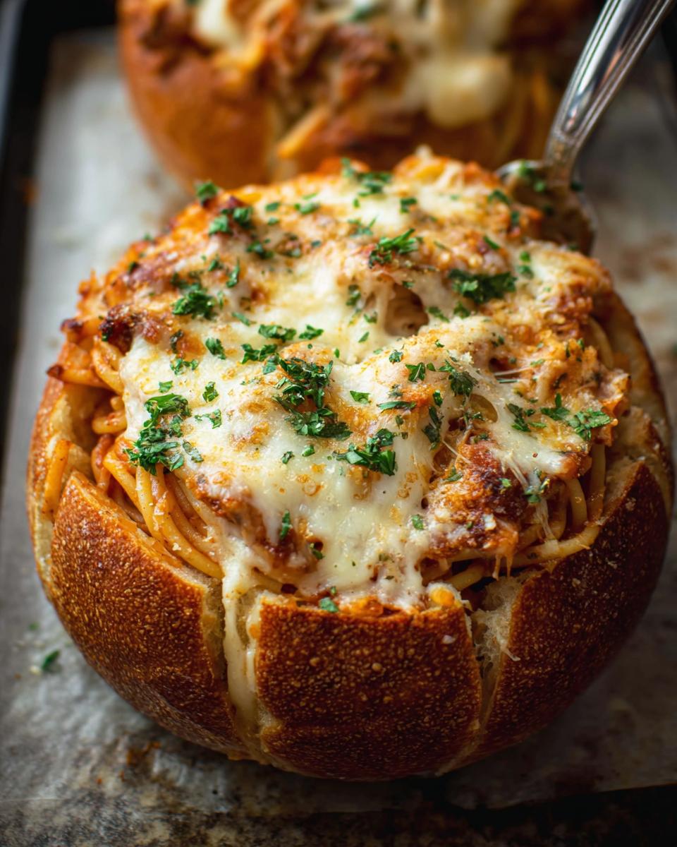Close-up of an Easy Spaghetti Garlic Bread Bowl overflowing with spaghetti and topped with melted cheese and parsley.