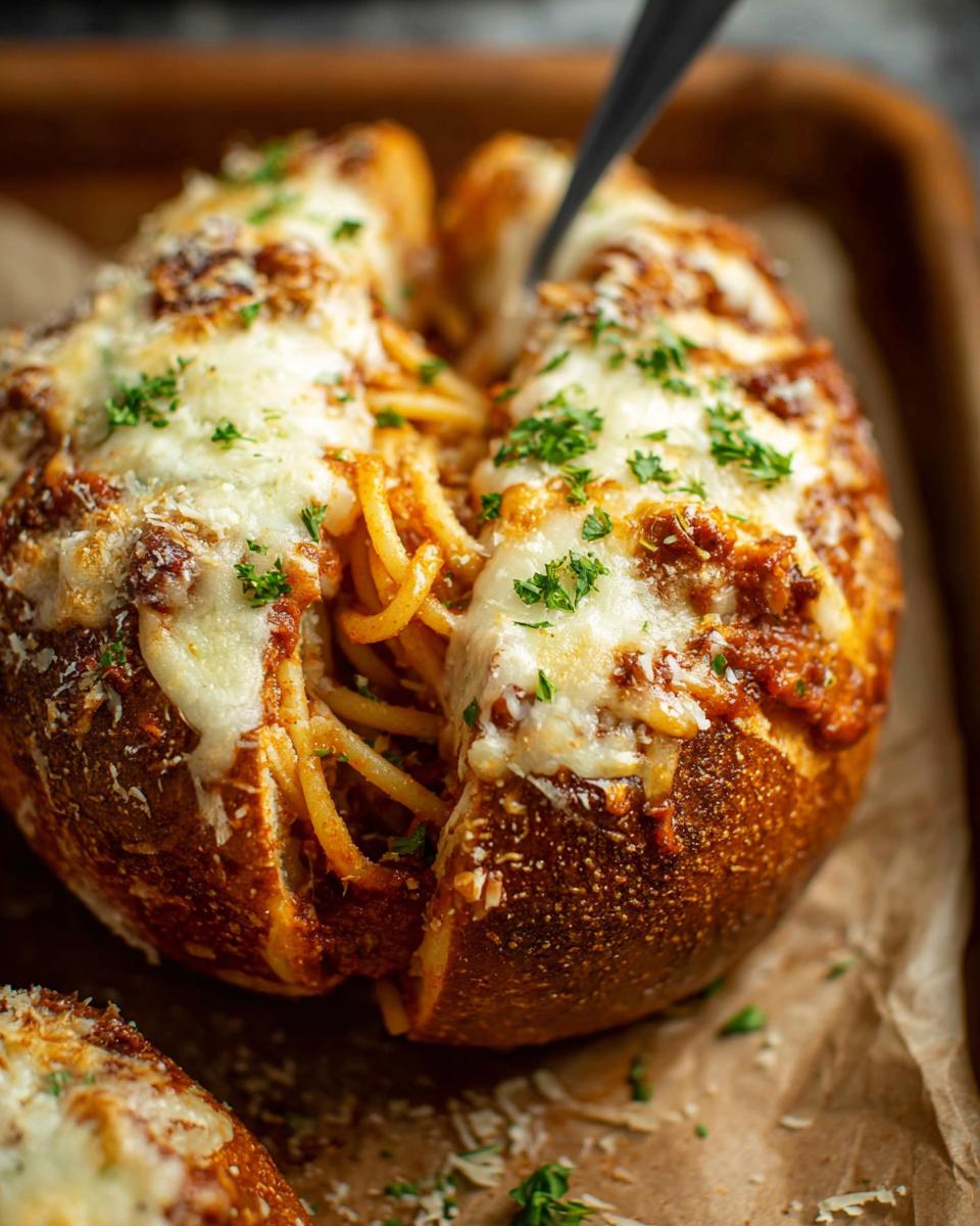 Close-up of an Easy Spaghetti Garlic Bread Bowl overflowing with spaghetti and topped with melted cheese and parsley.