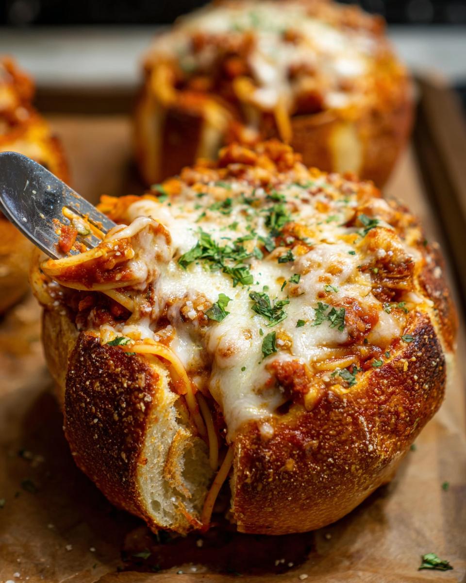 A fork is digging into a delicious Easy Spaghetti Garlic Bread Bowl, filled with spaghetti and topped with melted cheese and parsley.
