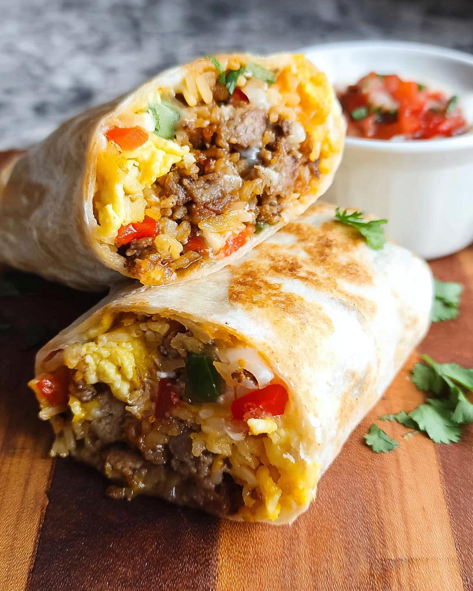 Close-up of a halved freezer breakfast burrito filled with scrambled eggs, sausage, rice, and peppers.
