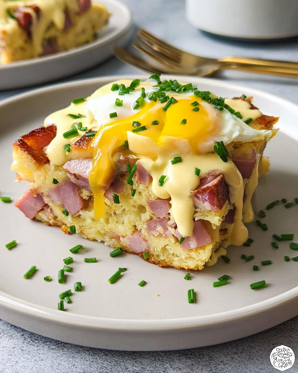 A slice of Easy Eggs Benedict Casserole topped with a runny poached egg, hollandaise sauce, and chives.