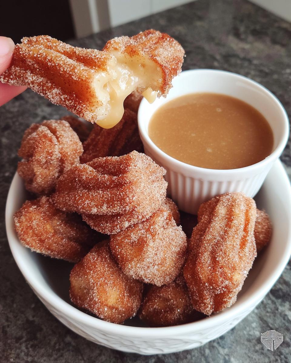 A hand holding a fluffy air fryer churro bite, revealing a gooey caramel filling, with a bowl of churro bites and caramel dip.