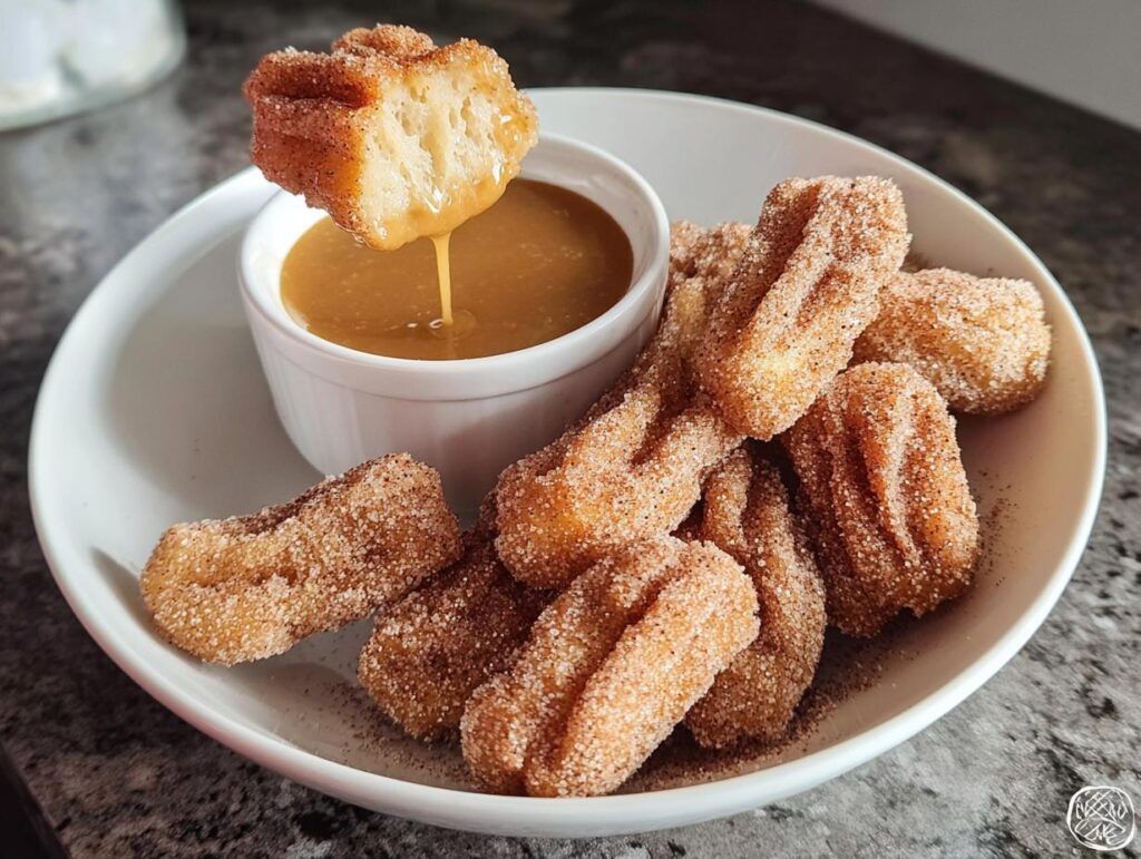A piece of fluffy air fryer churro bite being dipped into a caramel sauce, with a plate full of churro bites.