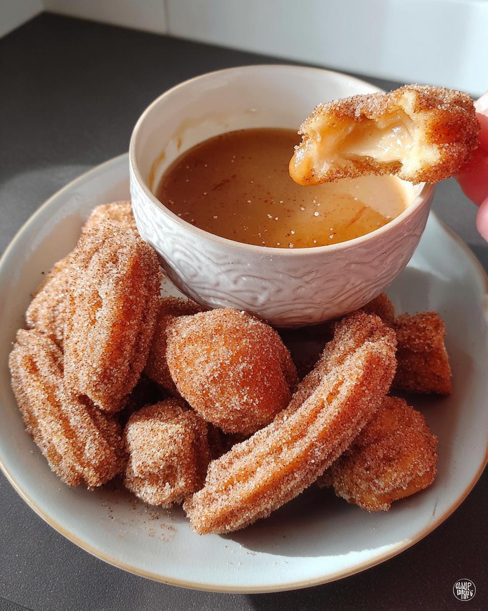 A hand dips a fluffy air fryer churro bite into a bowl of caramel sauce. The churro is coated in cinnamon sugar.