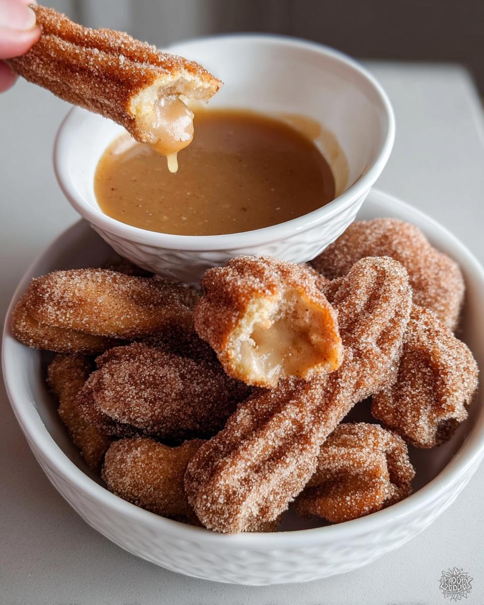 A hand dips a fluffy air fryer churro bite into a bowl of caramel sauce. Many churro bites are in the bowl.