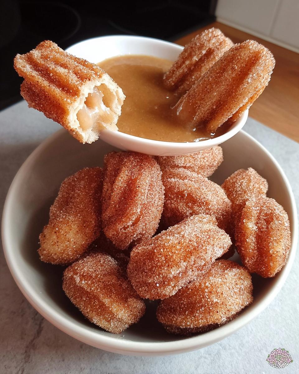 A bowl of fluffy air fryer churro bites coated in cinnamon sugar, with one bite being dipped into a caramel sauce.