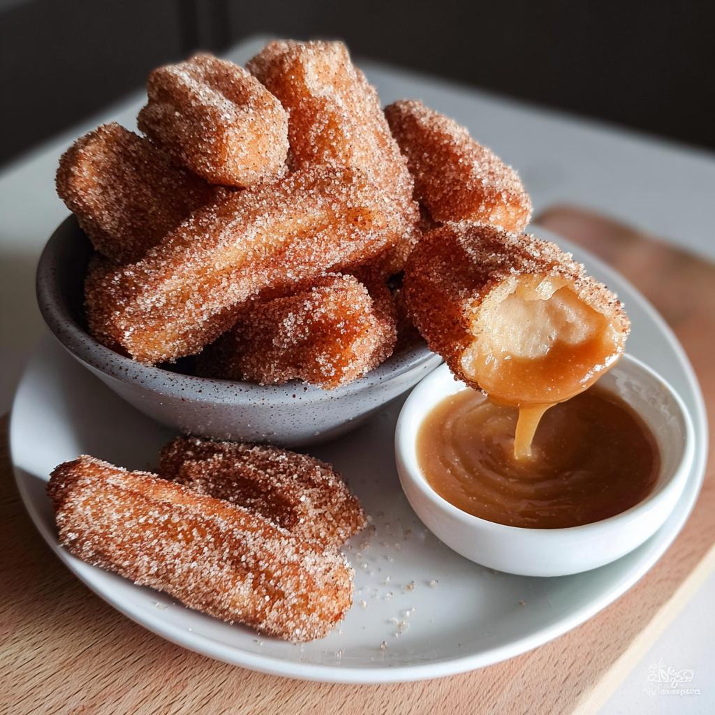 A bowl of fluffy air fryer churro bites, with one bite being dipped into a caramel sauce.