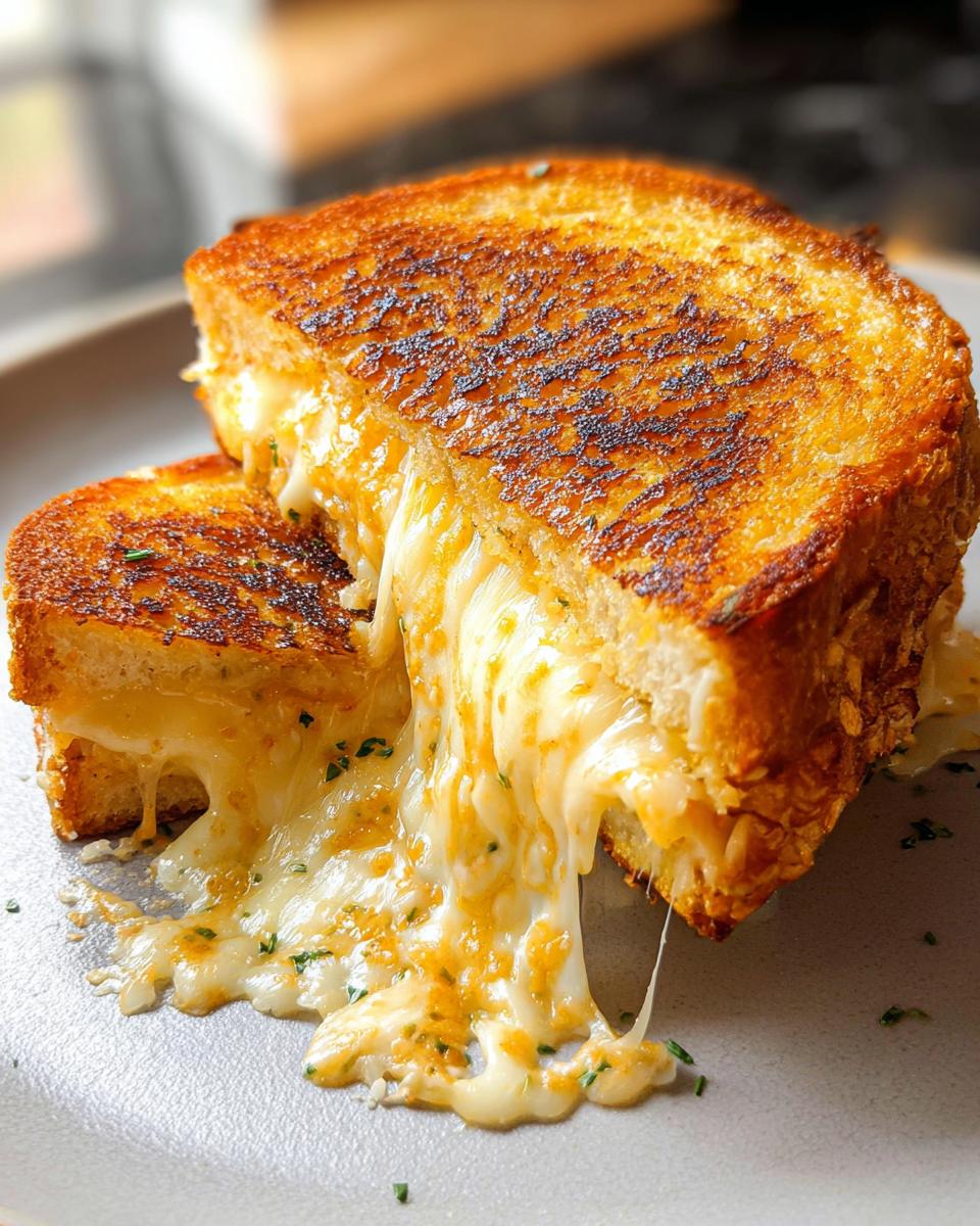 A close-up shot of a delicious Garlic Bread Grilled Cheese sandwich with melted cheese oozing out.