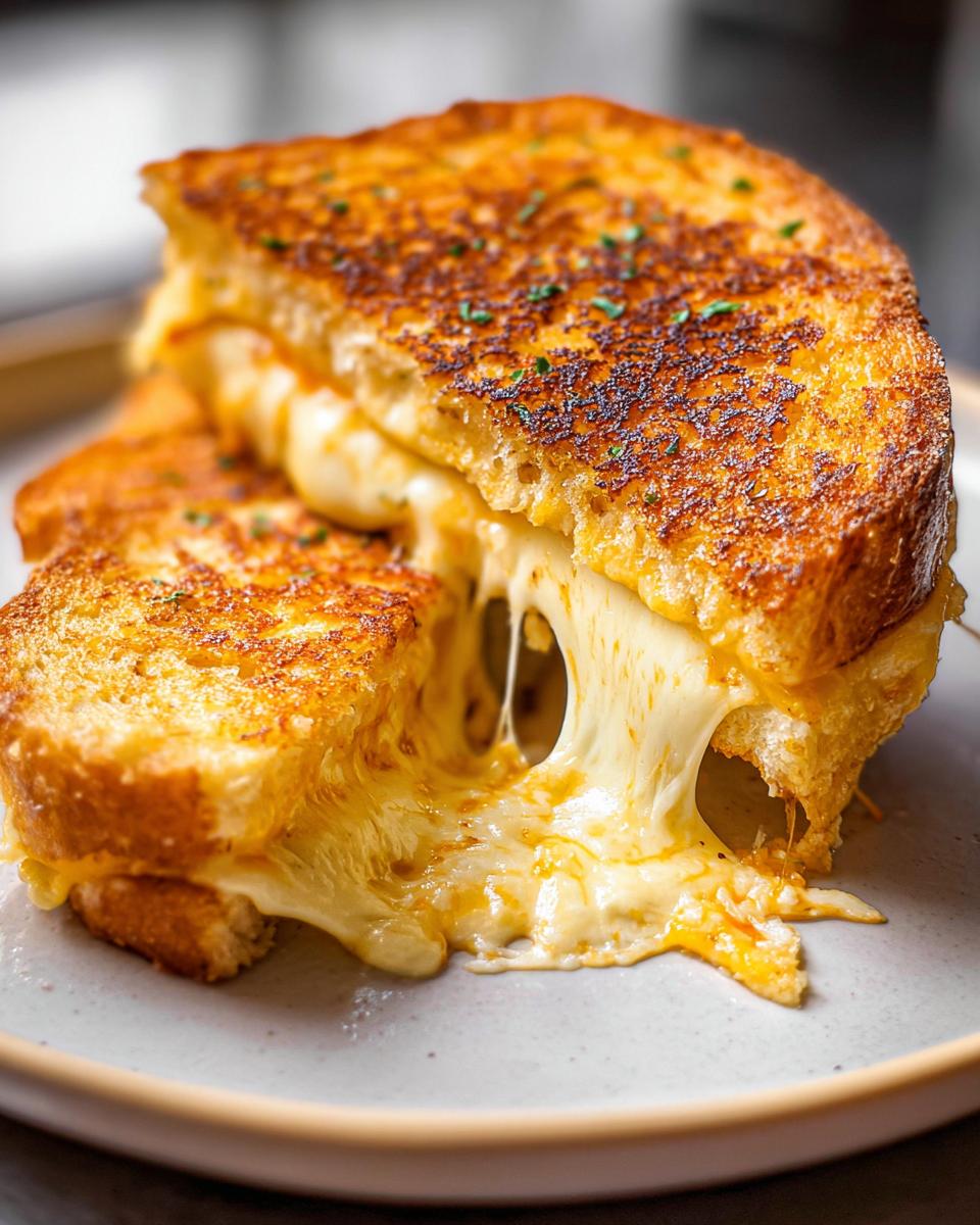 A close-up of a delicious Garlic Bread Grilled Cheese sandwich with melted cheese oozing out.