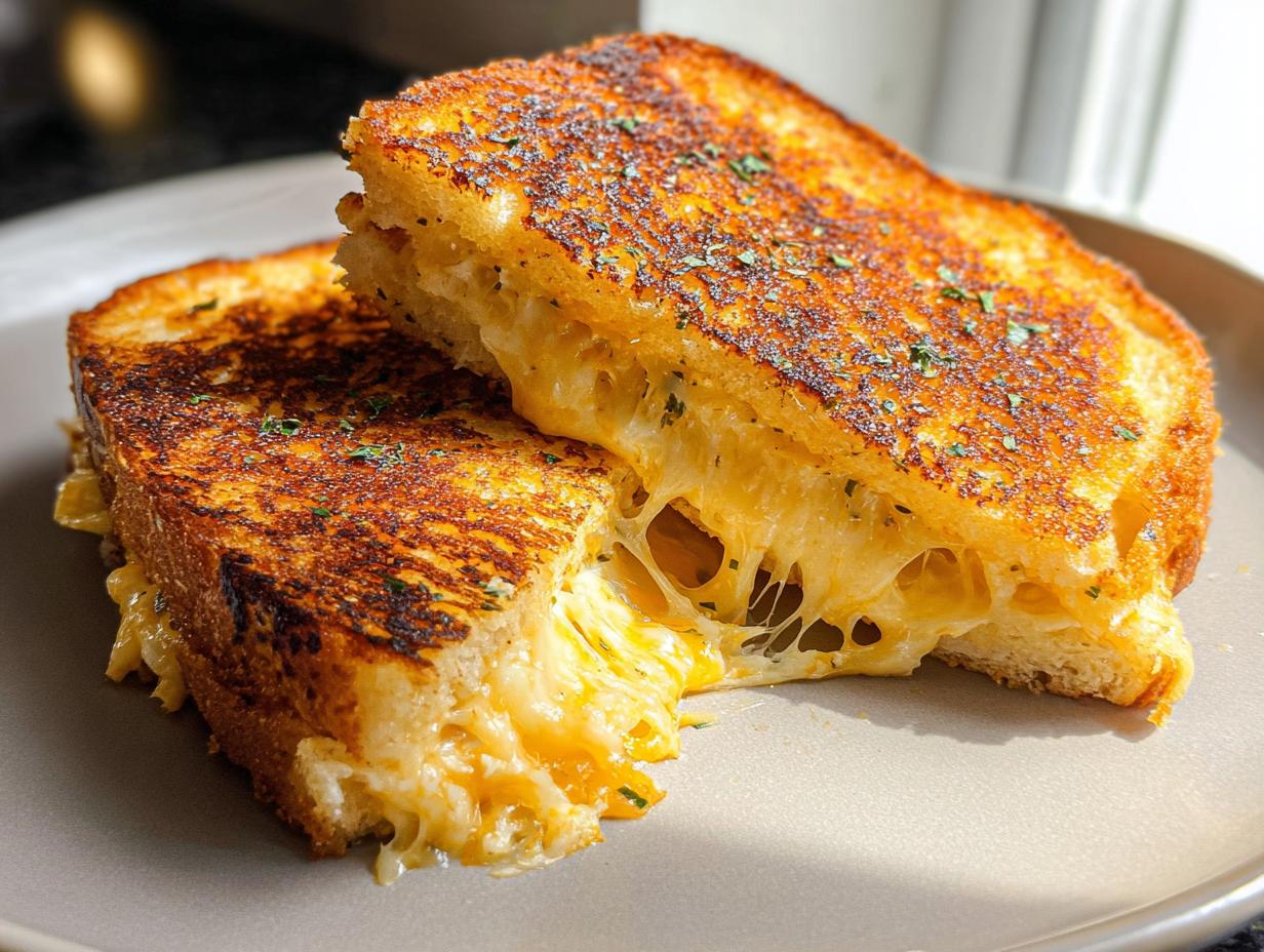 A perfectly grilled Garlic Bread Grilled Cheese sandwich, cut in half, with melted cheese oozing out.