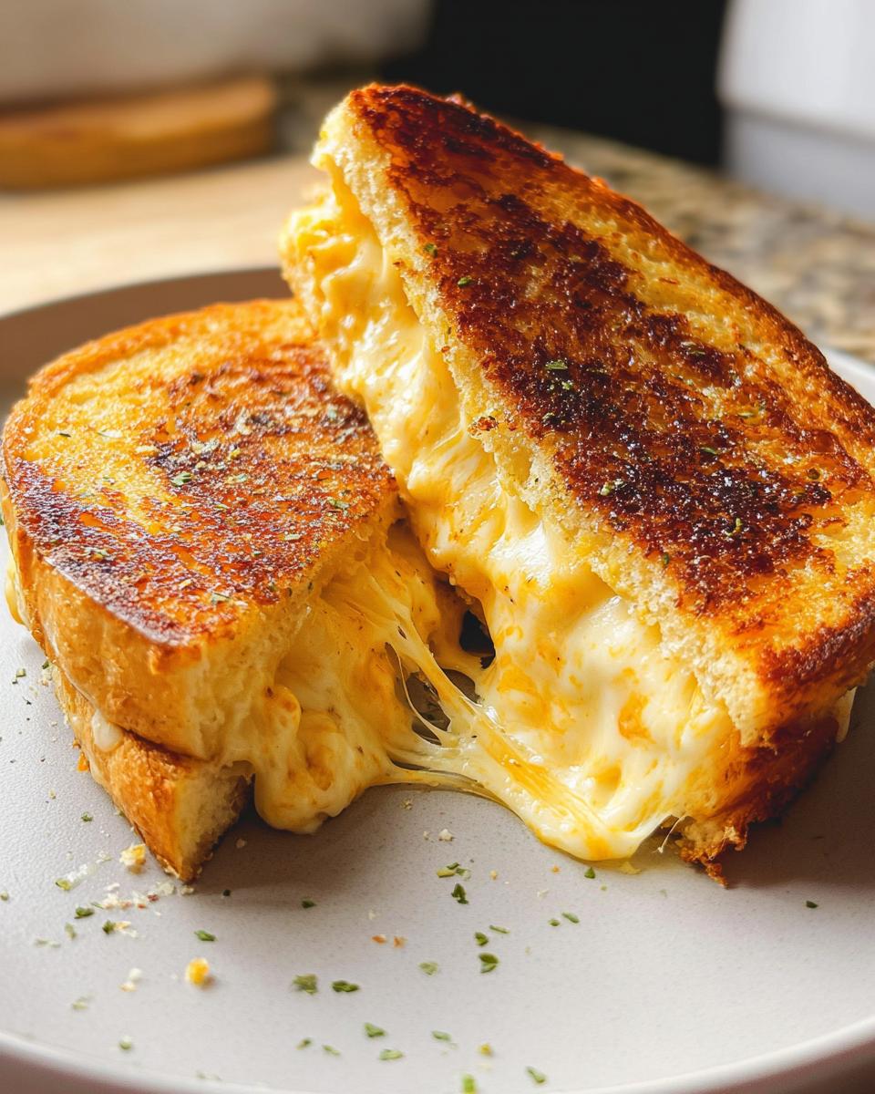 A close-up of a perfectly grilled Garlic Bread Grilled Cheese sandwich, with gooey melted cheese oozing out.