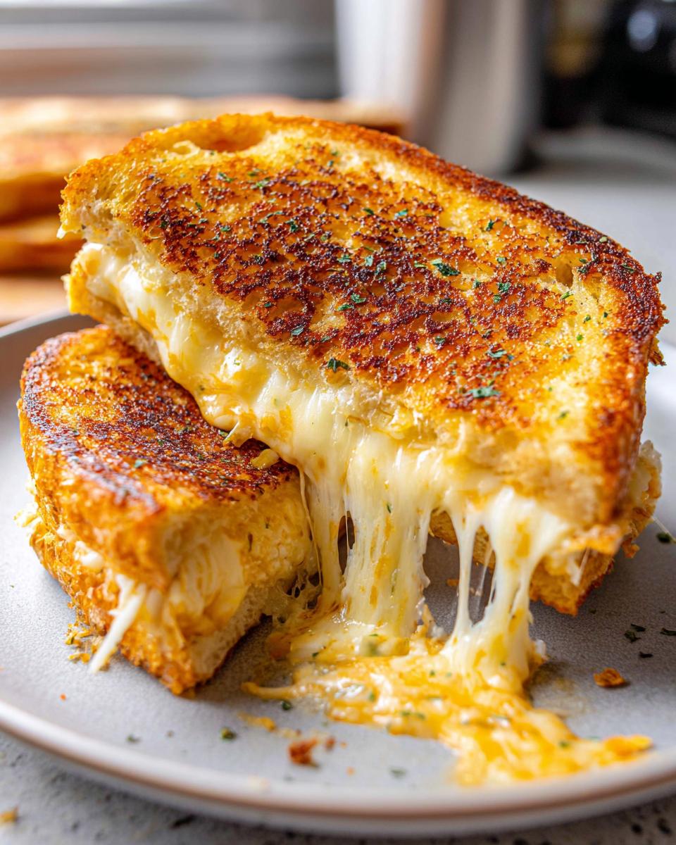 A close-up of a Garlic Bread Grilled Cheese sandwich with gooey melted cheese dripping out.