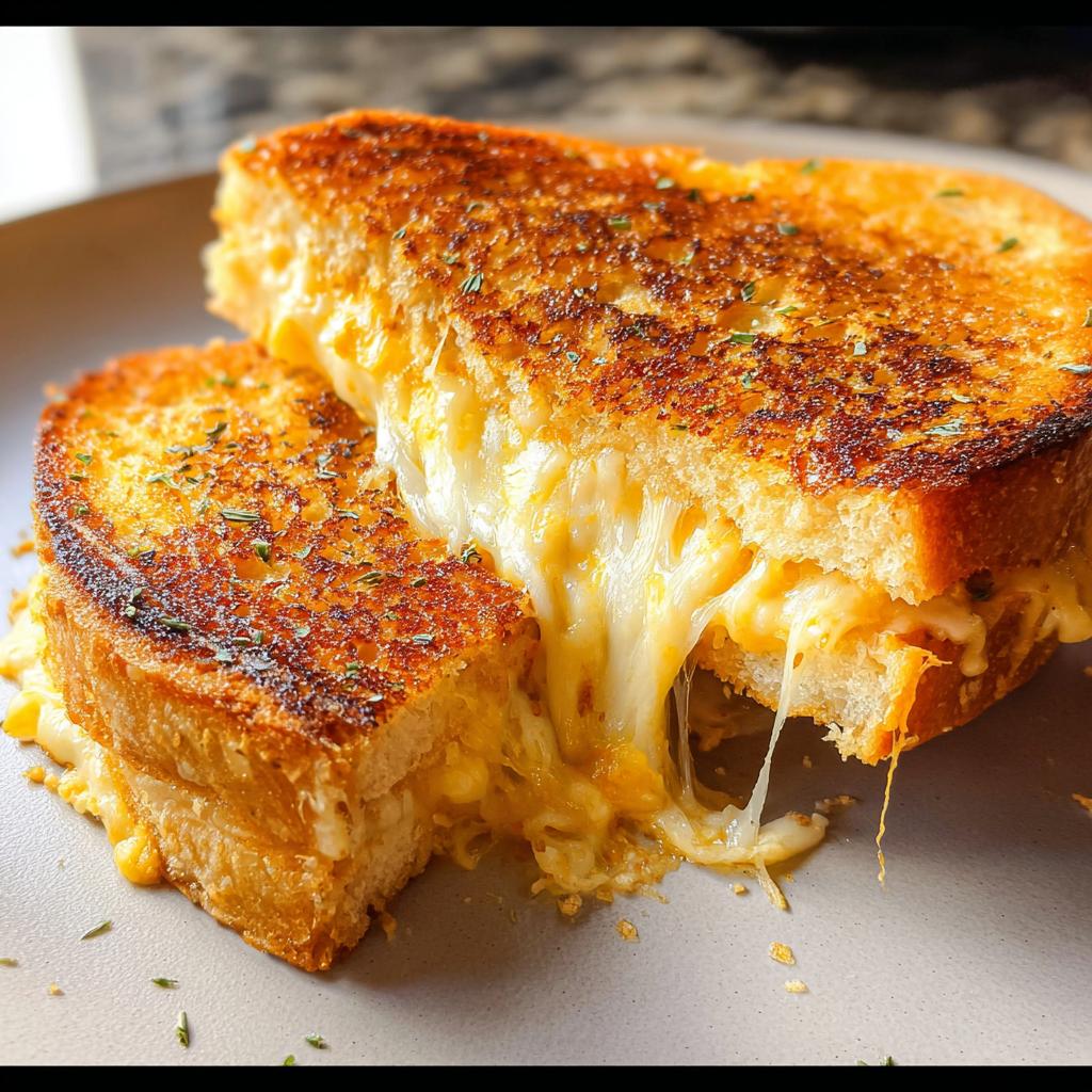 A close-up of a perfectly toasted Garlic Bread Grilled Cheese sandwich with gooey melted cheese oozing out.