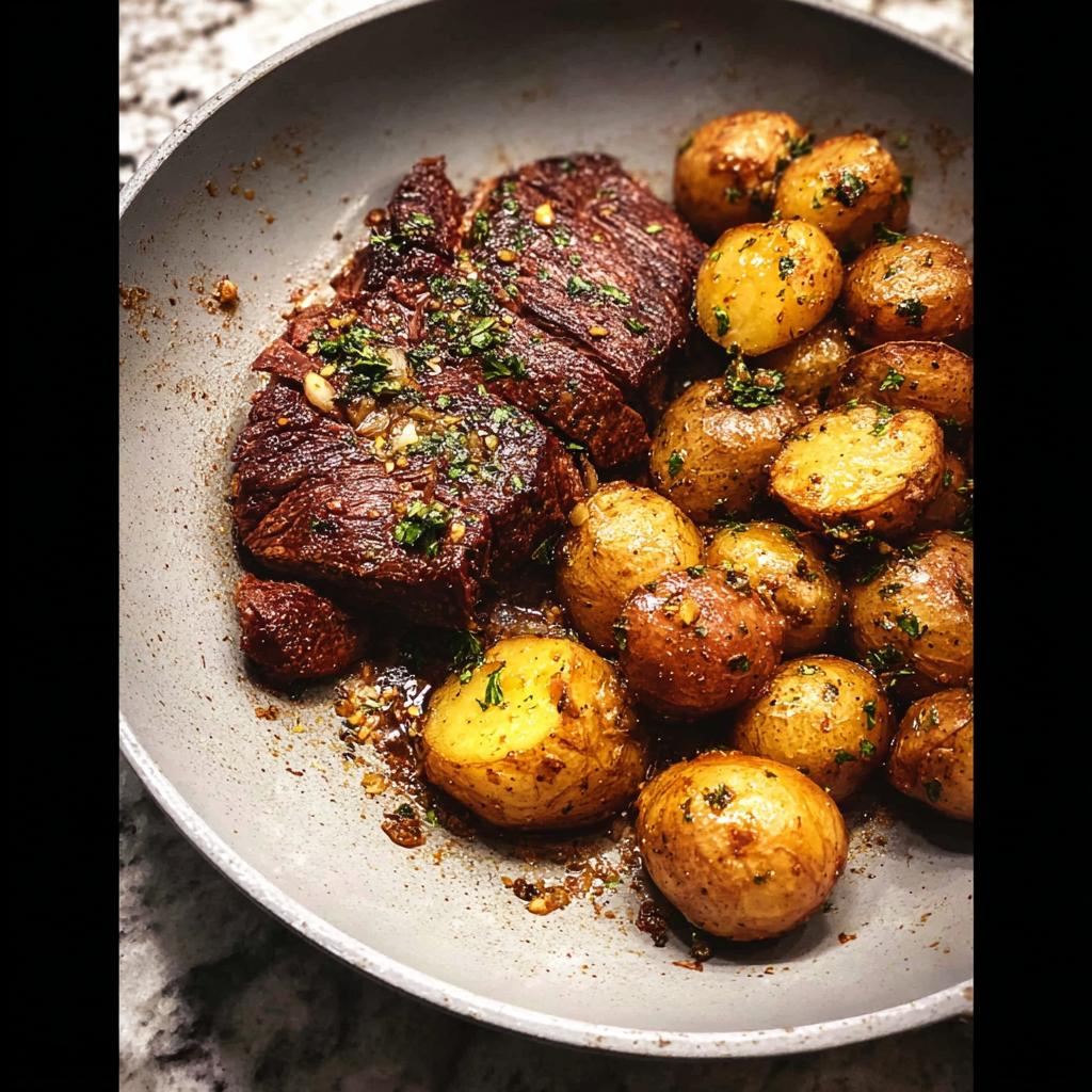 A close-up of a Garlic Butter Steak and Potatoes Skillet, featuring tender steak slices and golden roasted potatoes.