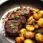 Close-up of Garlic Butter Steak and Potatoes Skillet in a pan, featuring tender steak and golden potatoes.