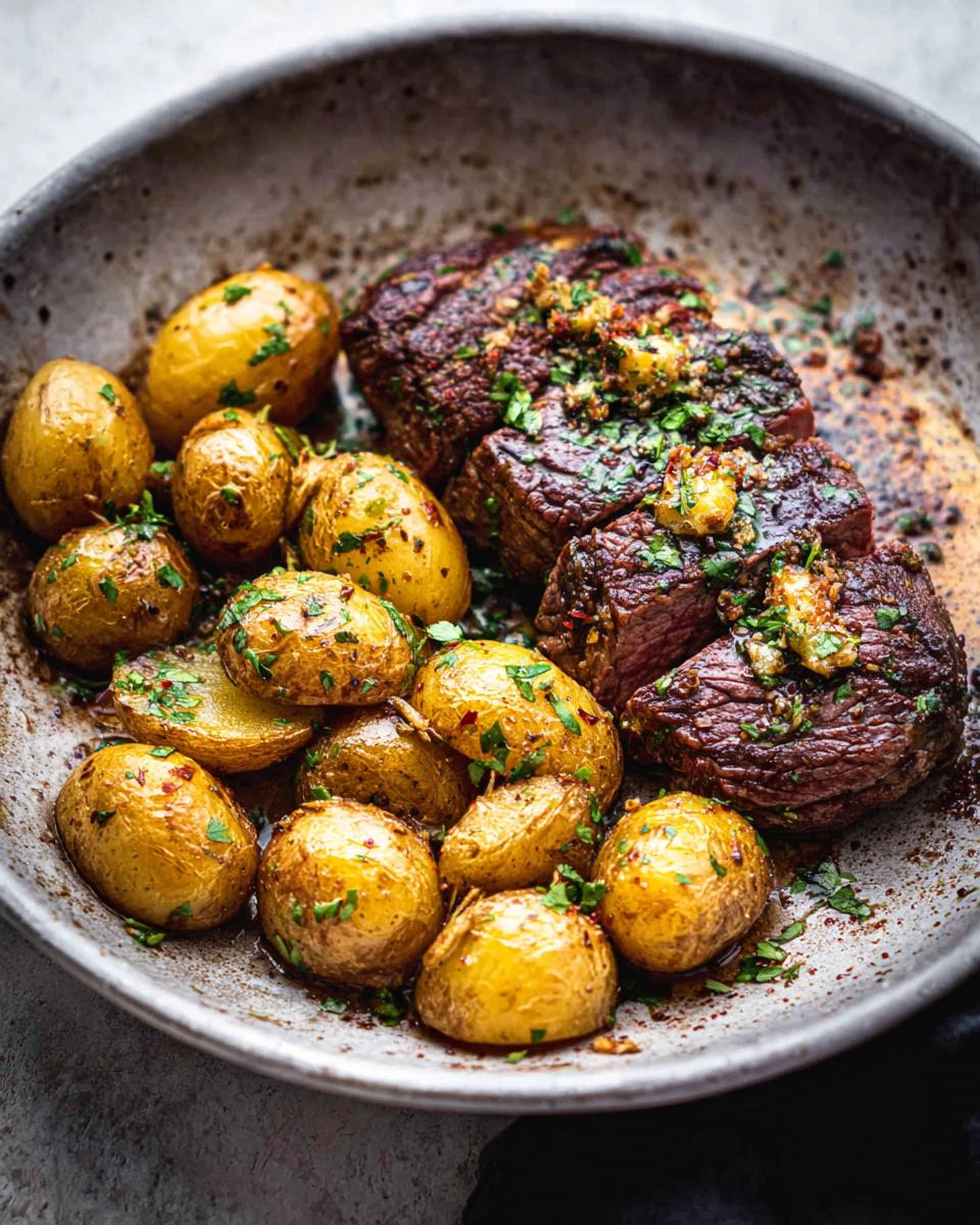 Close-up of Garlic Butter Steak and Potatoes Skillet, featuring tender steak bites and golden roasted potatoes.