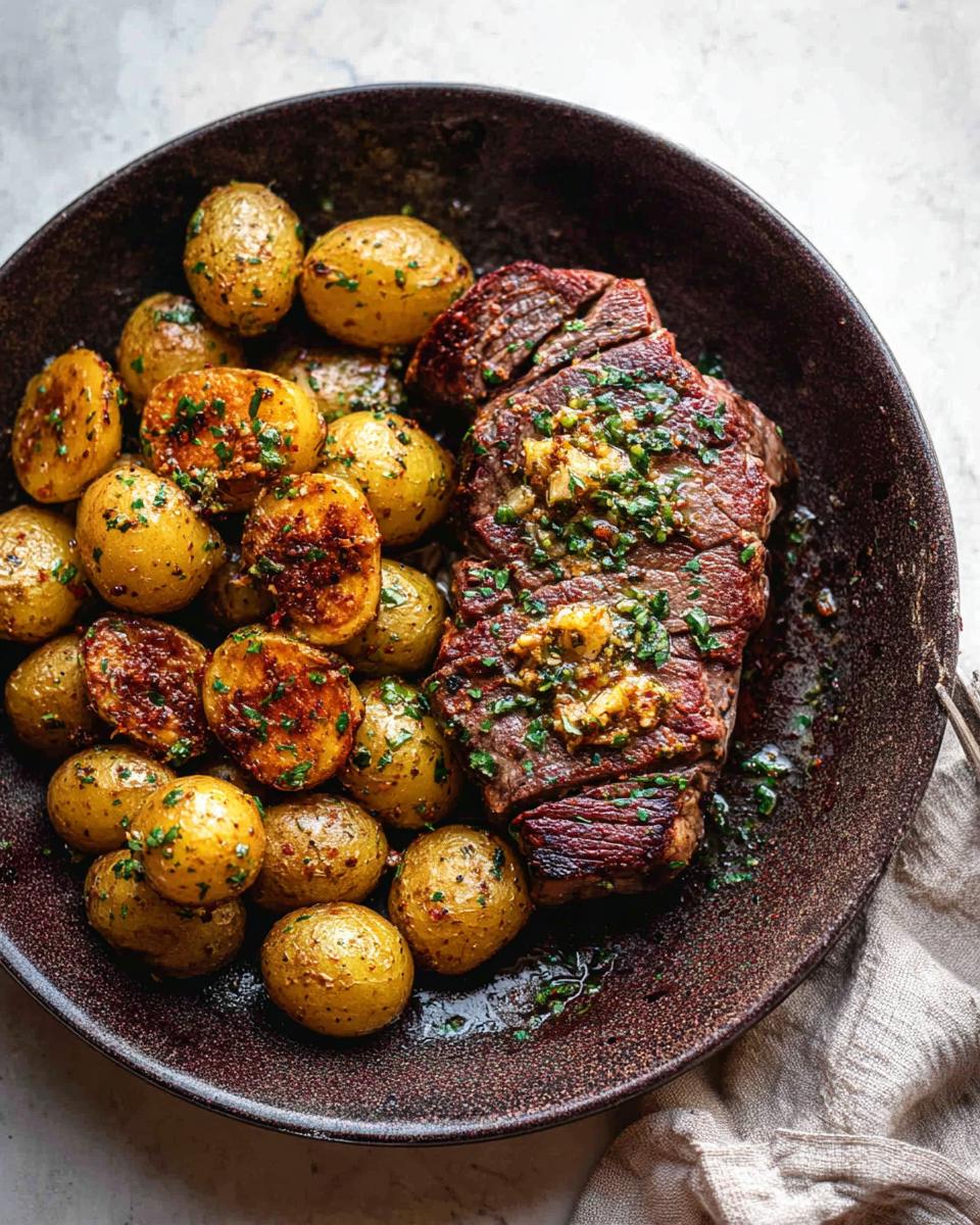 Close-up of a Garlic Butter Steak and Potatoes Skillet, featuring a sliced steak topped with garlic butter and herbs, alongside roasted baby potatoes.