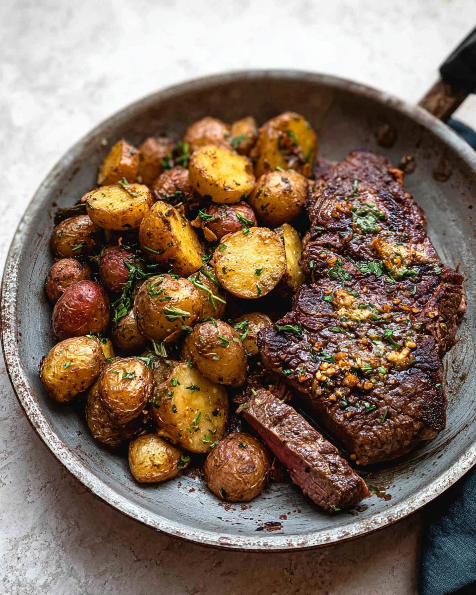 A close-up of a Garlic Butter Steak and Potatoes Skillet, featuring a juicy steak and golden roasted potatoes.