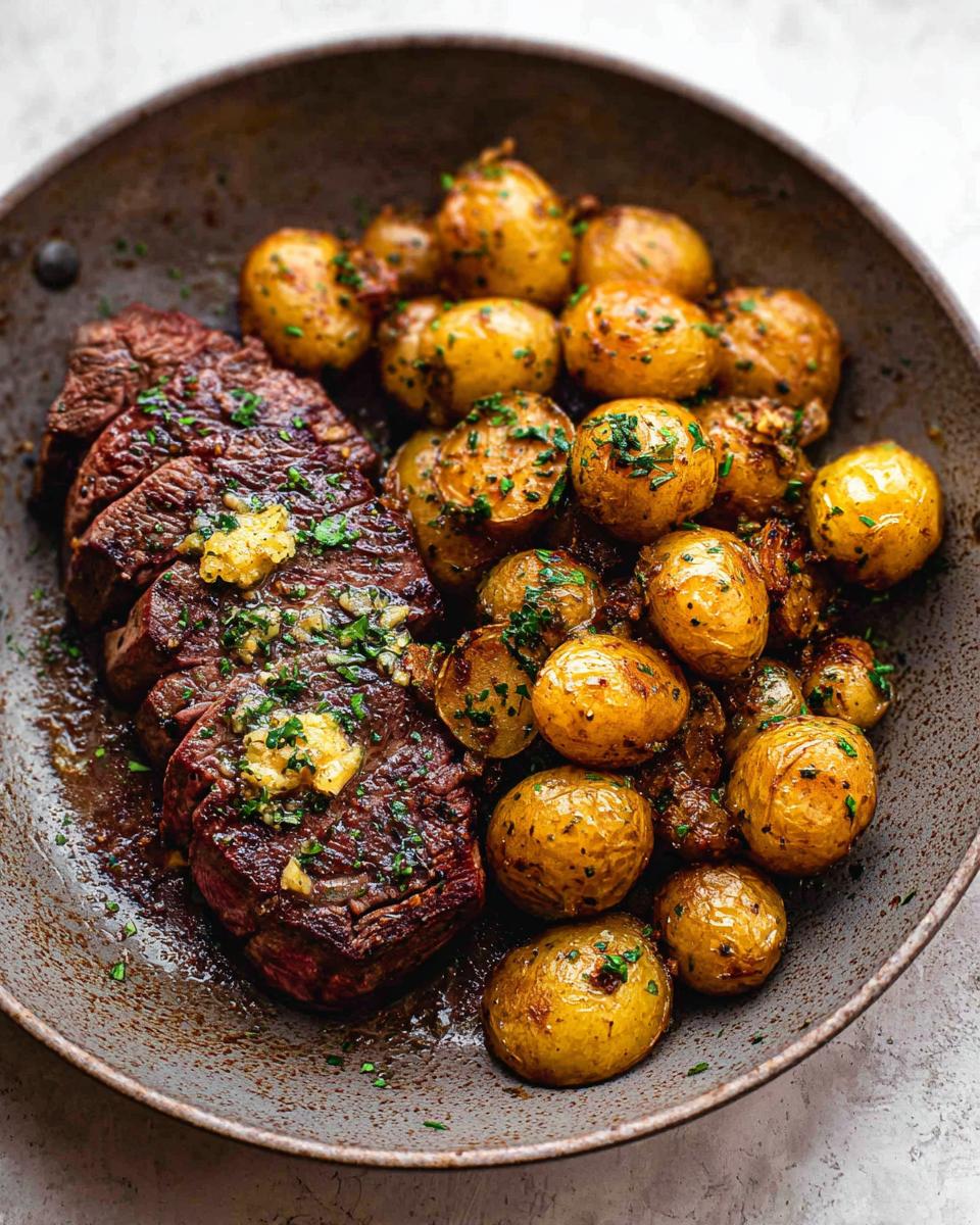 A close-up of a Garlic Butter Steak and Potatoes Skillet, featuring sliced steak topped with melting butter and herbs, alongside golden roasted potatoes.
