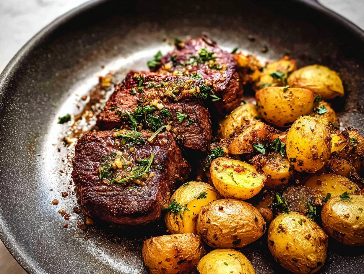 Close-up of Garlic Butter Steak and Potatoes Skillet in a pan, featuring tender steak and golden potatoes.
