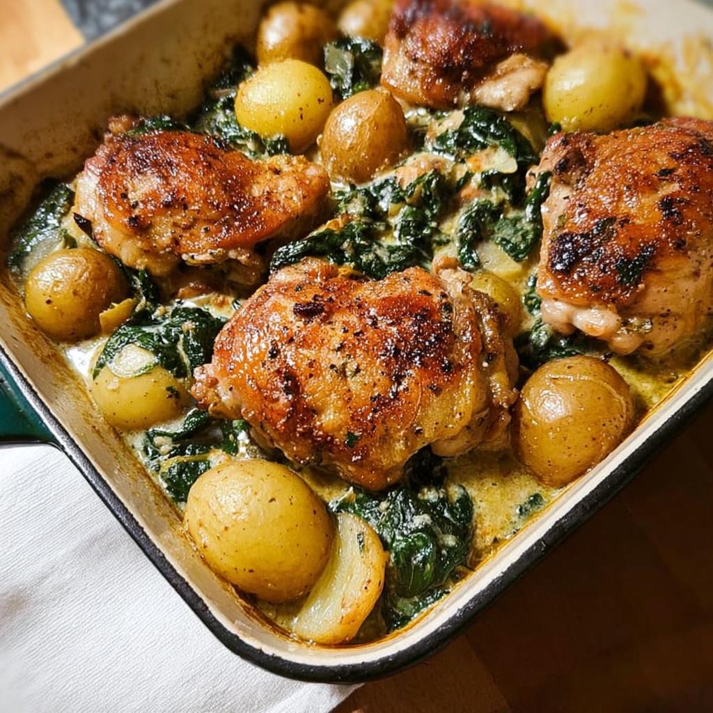 A close-up of a baking dish filled with Garlic Parmesan Chicken Thighs and Potatoes, featuring golden-brown chicken, small potatoes, and wilted spinach in a creamy sauce.